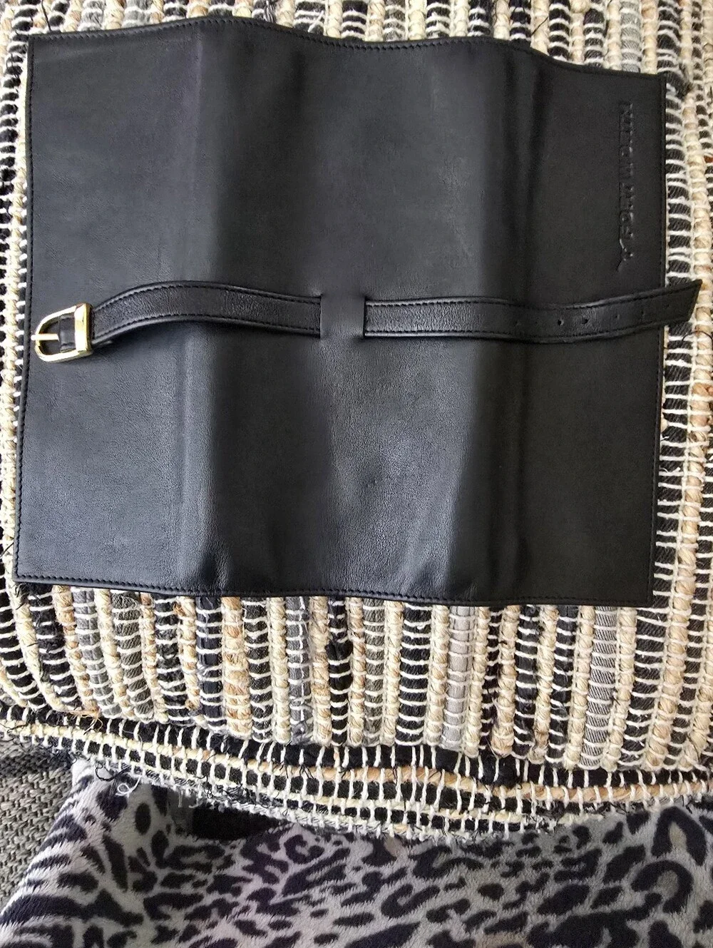 Black Leather Jewerlry Roll with Gold Buckle Fort Worth Inscripted